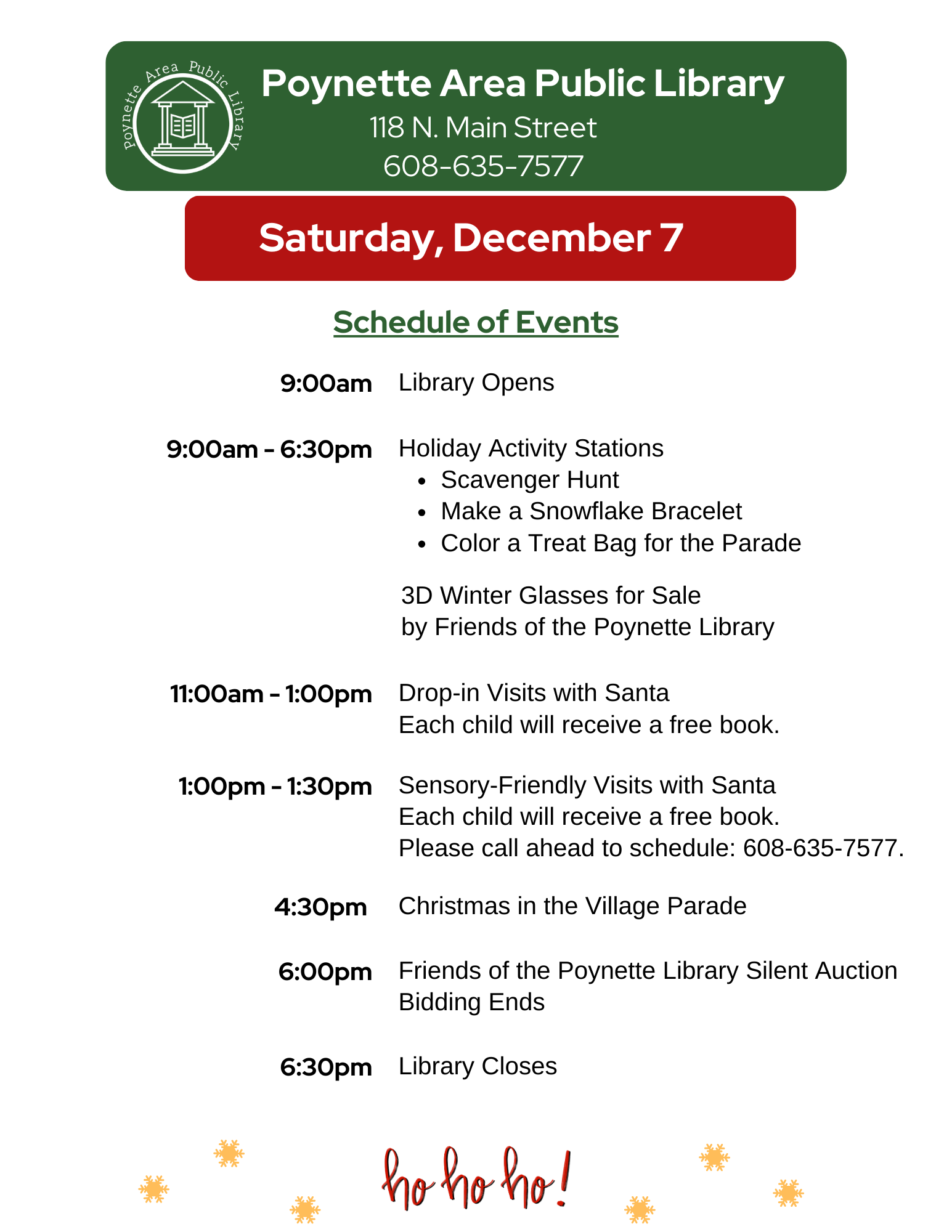 Schedule of events for Saturday, December 7