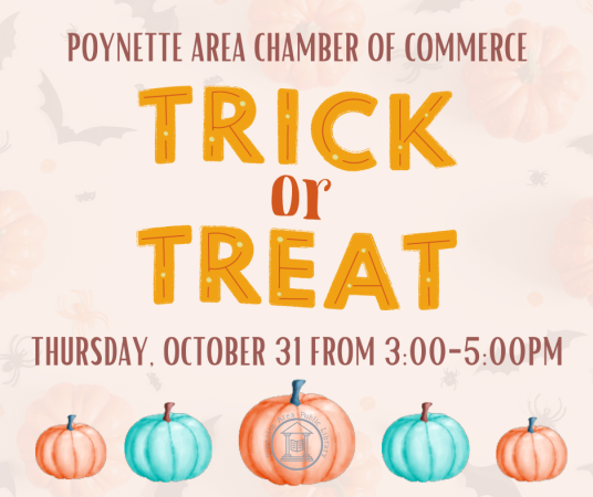 Poynette Area Chamber of Commerce trick or treat will be Thursday, October 31 from 3:00 to 5:00pm.